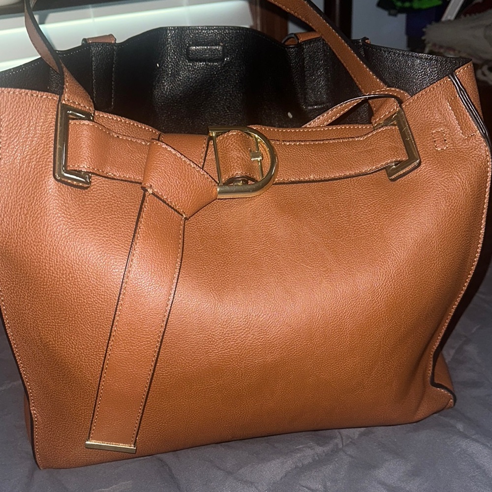 Calvin Klein Tan Leather Tote with Metal Hardware